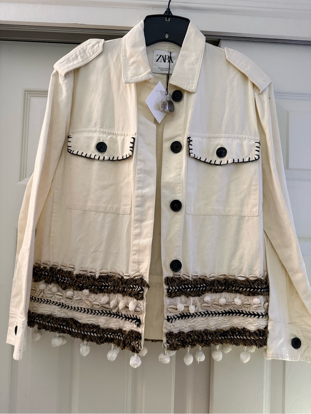 NWT Zara Cream Utility Jacket with Pom-Pom Trim